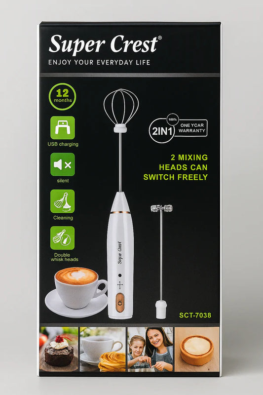 Super Crest SCT-7038 Rechargeable Milk Frother – 2-in-1 Whisk & Mixer