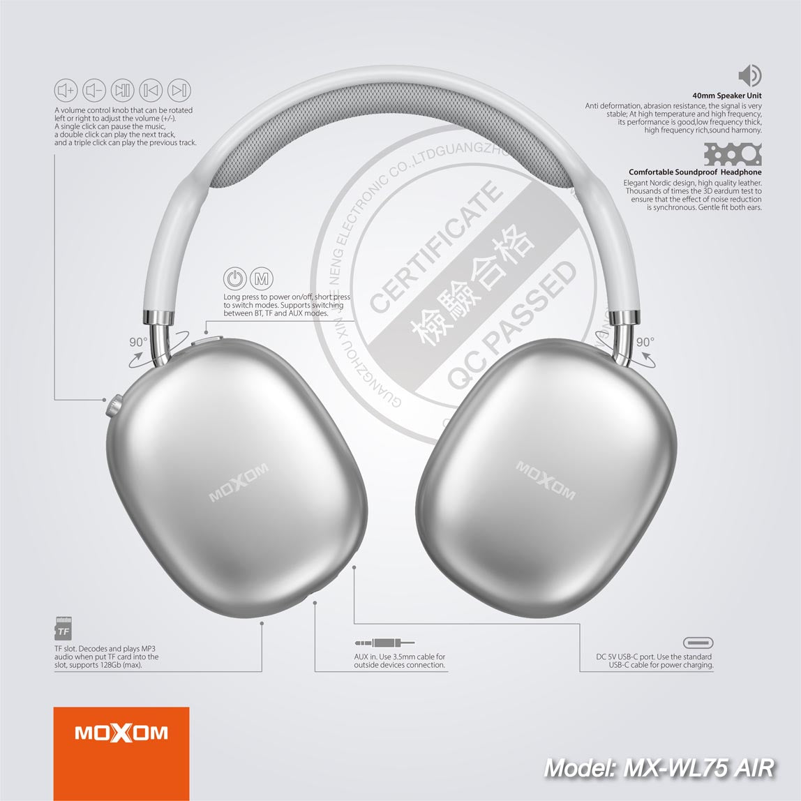 Moxom AIR 45h Long Usage Time Wireless Headphones