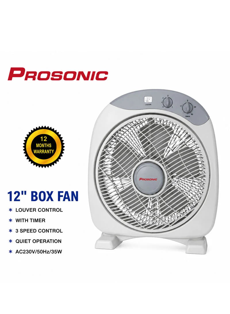 12" Box Fan, 35W, 3-Speed Quiet Operation with Oscillation, Louver Control & Timer