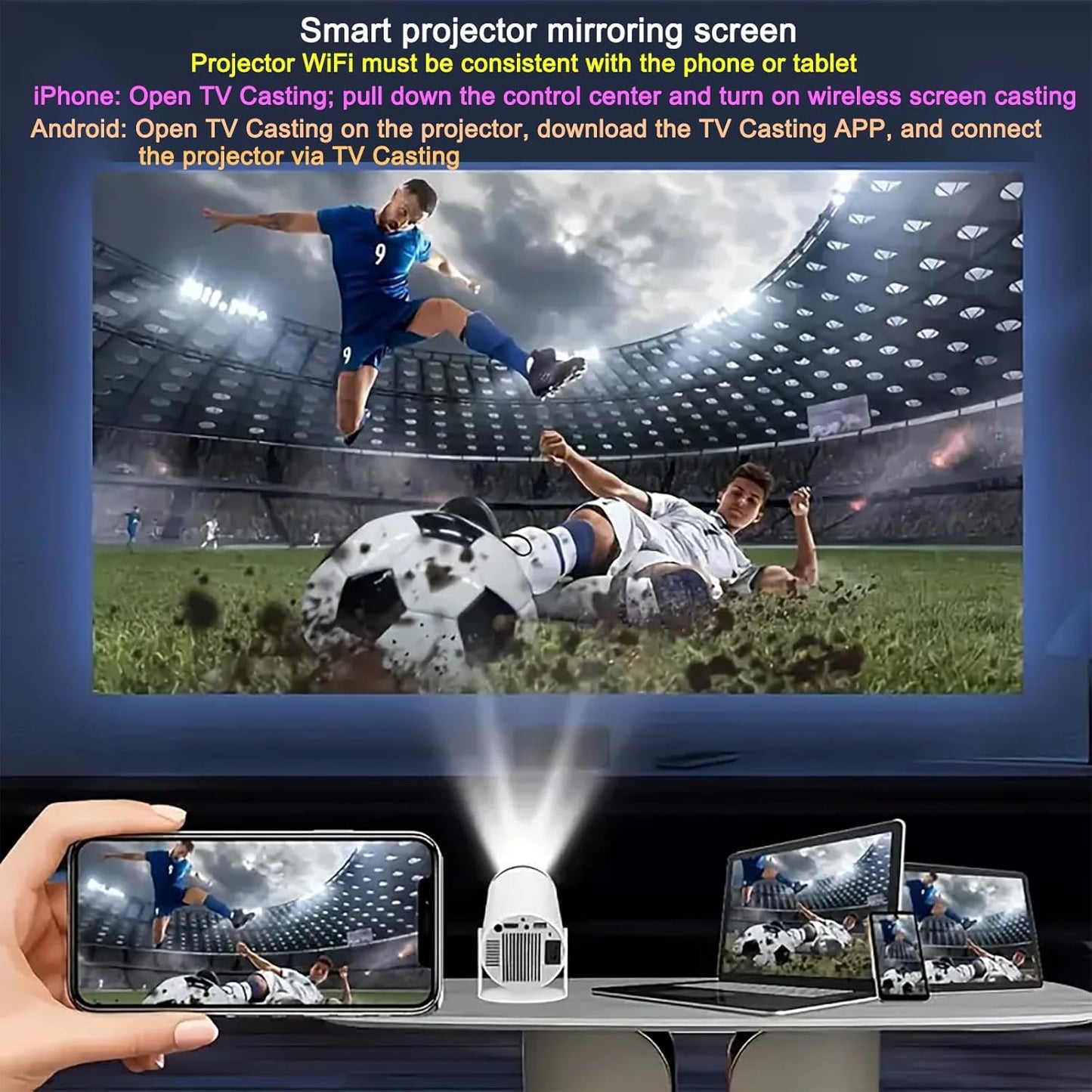 HY300 Projector with WIFI6 and Bluetooth, 4K 1080P Support with Android TV 11.0, Mini Portable Projector 180° Rotatable Movie Projector ,Auto Keystone Compatible for Laptop, PC, Smartphone