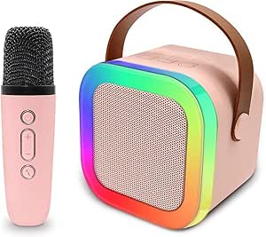 K12 Mini Portable Bluetooth Karaoke Speaker with Wireless Mic for Kids Adults, Magic Sound Effect - 5 Different Sound & RGB LED Colour Changing Light for Home Party, Birthday Gifts for Boys/Girls