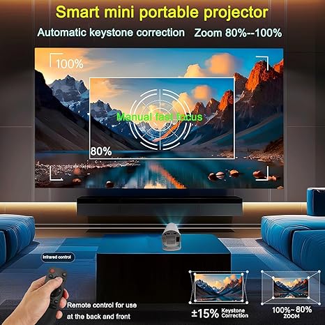 HY300 Projector with WIFI6 and Bluetooth, 4K 1080P Support with Android TV 11.0, Mini Portable Projector 180° Rotatable Movie Projector ,Auto Keystone Compatible for Laptop, PC, Smartphone