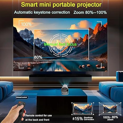 HY300 Projector with WIFI6 and Bluetooth, 4K 1080P Support with Android TV 11.0, Mini Portable Projector 180° Rotatable Movie Projector ,Auto Keystone Compatible for Laptop, PC, Smartphone