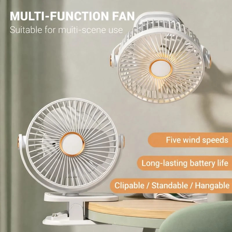 Clip Fan – 5 Speeds, 360° Adjustable, Rechargeable