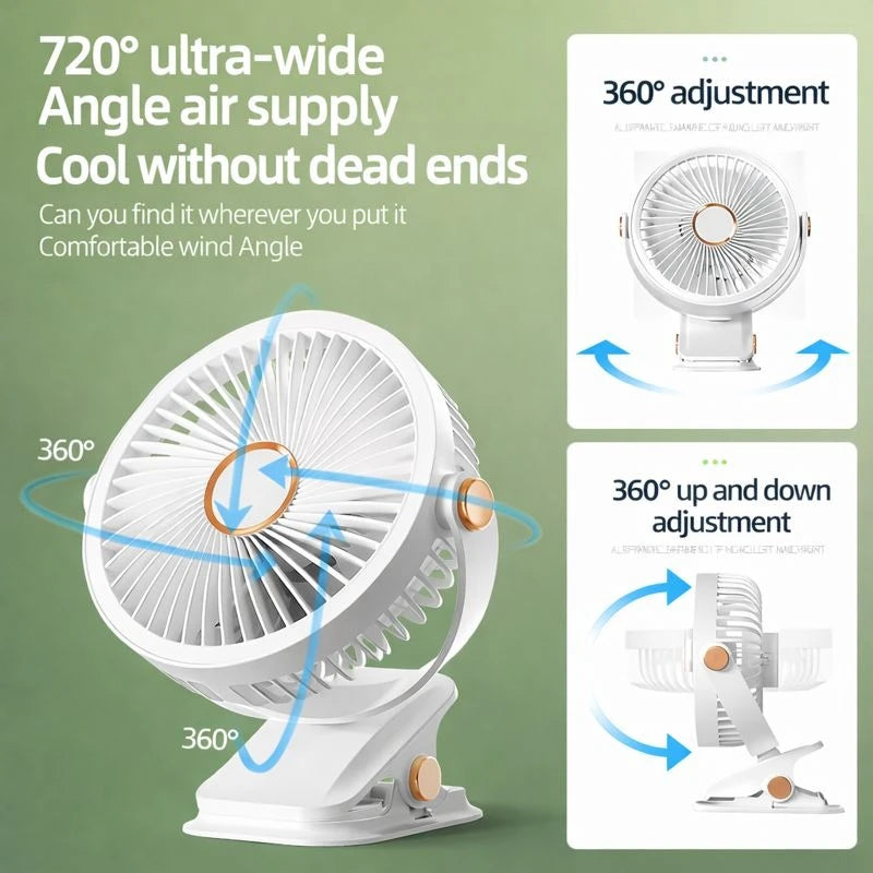 Clip Fan – 5 Speeds, 360° Adjustable, Rechargeable